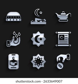 Set Octagonal star, Donate or pay your zakat, Holy book of Koran, Star and crescent, Wudhu, Oil lamp and Muslim hat for prayer icon. Vector
