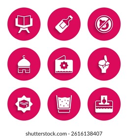 Set Octagonal star, Glass with water, Donate or pay your zakat, Hands in praying position, Kaaba mosque, Muslim Mosque, No pig and Holy book of Koran icon. Vector