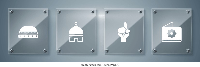 Set Octagonal star, Hands in praying position, Muslim Mosque and hat for prayer. Square glass panels. Vector
