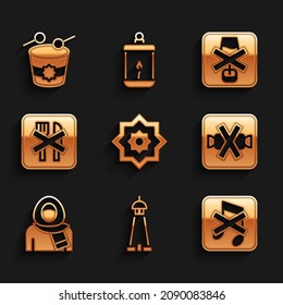 Set Octagonal star, Mosque tower or minaret, Speaker mute, No sweets, Muslim woman hijab, Ramadan fasting, alcohol and drum icon. Vector