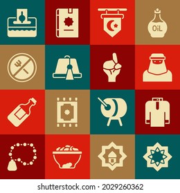 Set Octagonal star, Shirt kurta, Muslim woman in niqab, Star and crescent, Turkish hat, Ramadan fasting, Donate or pay your zakat and Hands praying position icon. Vector