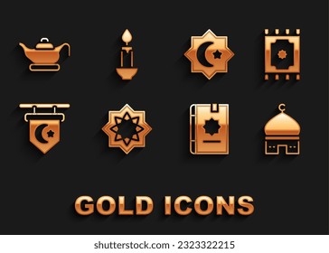 Set Octagonal star, Traditional carpet, Muslim Mosque, Holy book of Koran, Star and crescent, Oil lamp and Burning candle icon. Vector