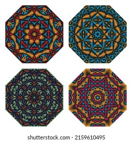 Set of octagonal symmetric patterned elements. Vintage circular embroidery patterns for carpet.