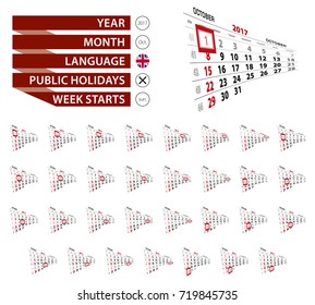 Set of October 2017 calendar, highlighted every day. Week starts from Sunday. Vector Illustration.