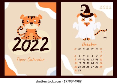 Set - October 2022 calendar and cover. Cute ghost tiger in a hat with spiders, Halloween holiday. Year of the Tiger in Chinese or oriental. Vertical A4 template. Week starts on Sunday