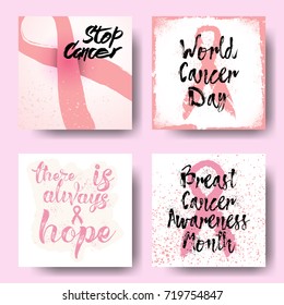 Set of October breast cancer awareness month background, set of annual campaign cards with pink ribbons and hand written or drawn motivational calligraphy quotes. Vector.