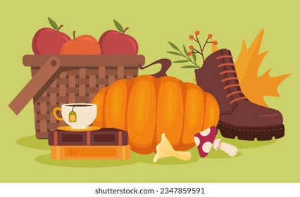 Set of october objects concept. Autumn and fall season. Pumpkin, cup with tea, apples and boot with leaf. Harvesting and picking up. Cartoon flat vector collection isolated on green background