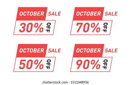 Set of october sale discount banners. 30 50 70 90 percent off template design poster. Modern vector element