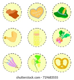 Set with Octoberfest Traditional Objects Placed on the Circular Substrates with Decorative Contour. Vector EPS 10