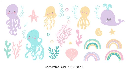 
set with octopulus whale and coral
