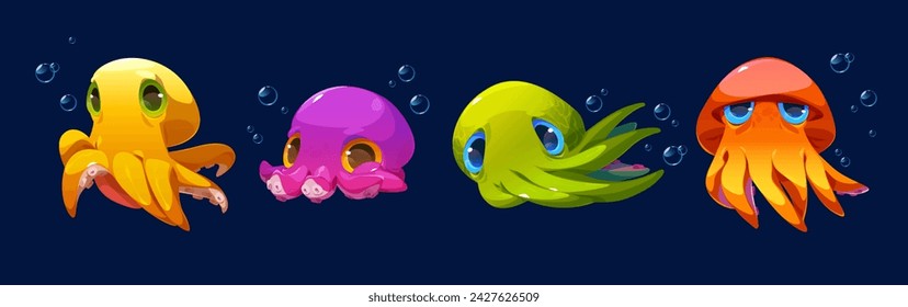 Conjunto de personajes de pulpo aislados en el fondo. Ilustración de dibujos animados de vector de criatura submarina amarilla, púrpura, verde, naranja con muchos tentáculos y ojos grandes, burbujas de agua, mascota de animales marinos