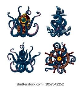 Set of octopus. Colored illustration with tentacles, anchor, ship wheel and scuba.