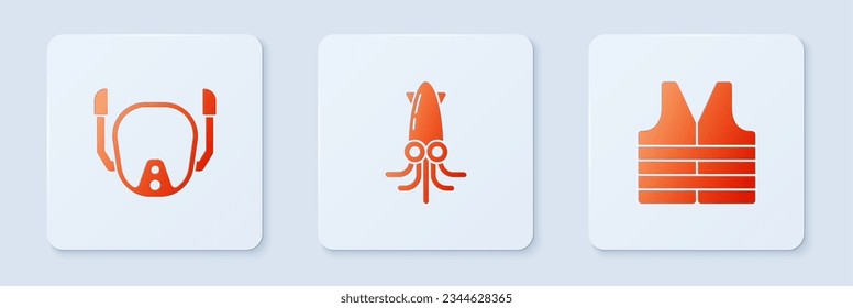 Set Octopus, Diving mask and Life jacket. White square button. Vector