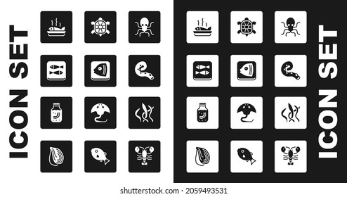 Set Octopus, Fish head, Canned fish, Served on plate, of tentacle, Turtle, Seaweed and cucumber in jar icon. Vector