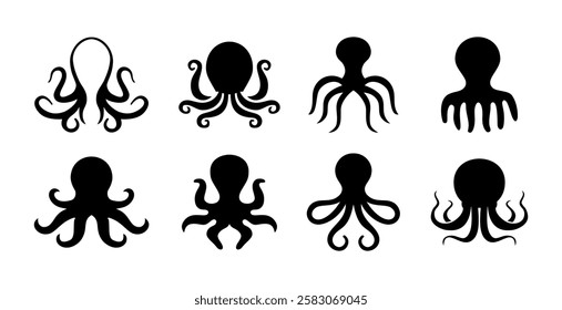 Set of Octopus icon silhouette black logo design isolated