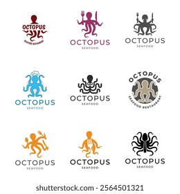 Set of Octopus logo design, Seafood logo illustration template.