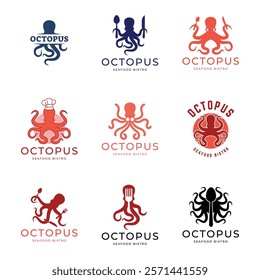 Set of Octopus logo design, Seafood logo illustration template.