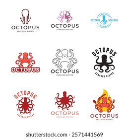 Set of Octopus logo design, Seafood logo illustration template.