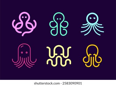 Set of Octopus minimal line simple outline logo abstract icon isolated