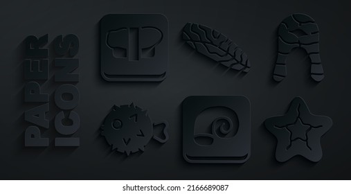 Set Octopus on a plate, Fish steak, hedgehog, Starfish,  and Sushi cutting board icon. Vector