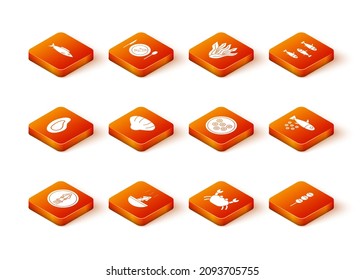 Set Octopus on a plate, Soup with octopus, Mussel, Scallop sea shell, Crab, Caviar, Takoyaki stick and Fish caviar icon. Vector