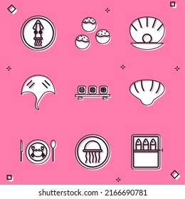 Set Octopus on a plate, Takoyaki, Shell with pearl, Stingray, Sushi cutting board, Scallop sea shell, Served crab and Jellyfish icon. Vector