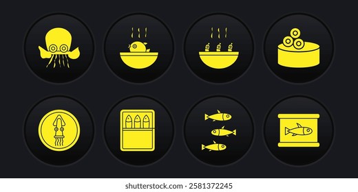 Set Octopus on a plate, Tin can with caviar, Canned fish, Fishes, Soup shrimps, Puffer soup,  and  icon. Vector