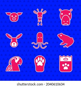 Set Octopus, Paw print, Bag of food, Frog, Macaw parrot, Rabbit head, Hippo or Hippopotamus and Pig icon. Vector