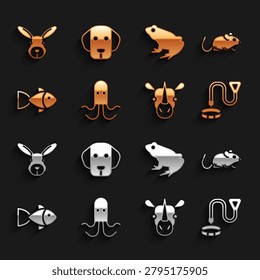 Set Octopus, Rat, Collar with name tag, Rhinoceros, Fish, Frog, Rabbit head and Dog icon. Vector