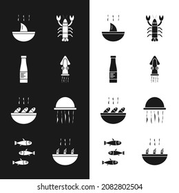 Set Octopus, Sauce bottle, Shark fin soup, Lobster, Fish, Jellyfish, Soup with shrimps and Fishes icon. Vector