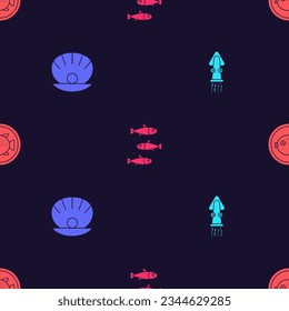 Set Octopus, Shell with pearl, Fishes and Puffer fish on plate on seamless pattern. Vector