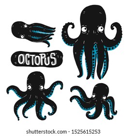 Set of Octopus silhouette. Hand drawn vector illustration. Outline with transparent background.