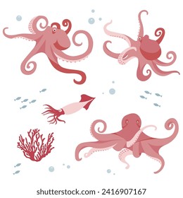 Set with octopus and squid in different poses vector flat illustration. Cheerful aquatic creature with eyes and tentacles isolated. Underwater wildlife habitat set nature sea fauna