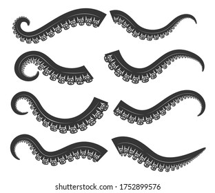 Set of octopus, squid tentacles  in engraving style. Design element for logo, label, emblem, sign, badge. Vector illustration