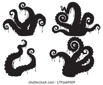 Set of octopus tentacles. Collection of silhouettes tentacles of the underwater monster to Halloween. Dripping octopus limbs. Creepy Kraken. Vector illustration isolated on white background.