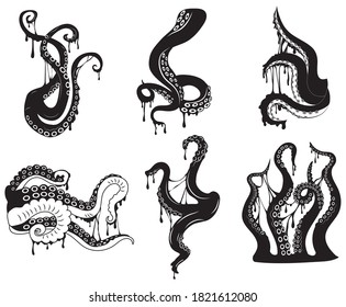 Set of octopus tentacles. Collection of silhouettes tentacles of the underwater monster to Halloween. Dripping octopus limbs. Creepy Kraken. Vector illustration isolated on white background.