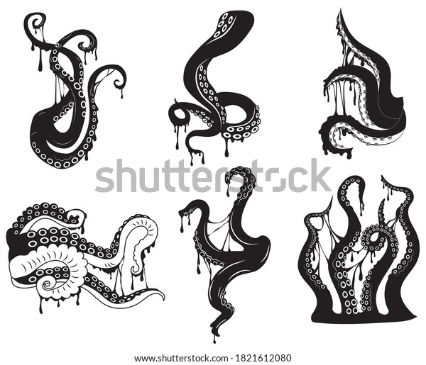 Set of octopus tentacles. Collection of\
silhouettes tentacles of the underwater monster to Halloween.\
Dripping octopus limbs. Creepy Kraken. Vector illustration isolated\
on white background.