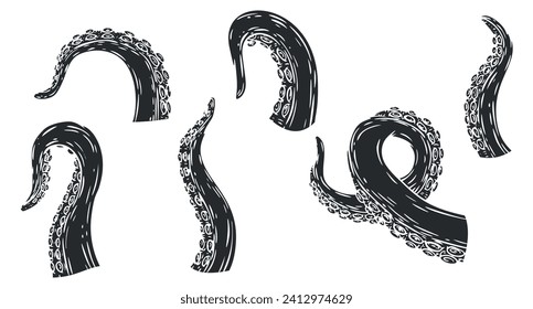 Set octopus tentacles different poses isolated on white background in cartoon hand drawn style. Monochrome vector illustration.