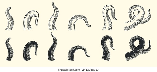 Set octopus tentacles different poses isolated on white background in cartoon hand drawn style. Monochrome vector illustration.