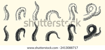Set octopus tentacles different poses isolated on white background in cartoon hand drawn style. Monochrome vector illustration.