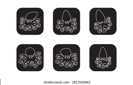 set of octopus vector illustration, black squid in square, eps 10.