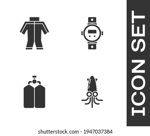 Set Octopus, Wetsuit, Aqualung and Diving watch icon. Vector