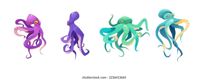 Set of octopuses cartoon vector illustration. Sea cute animal