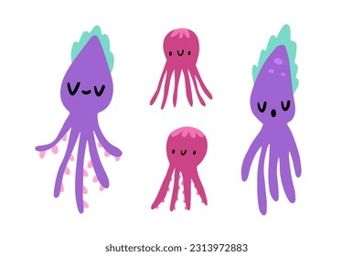 Set with octopuses of different shapes. Cute cartoon flat characters. Childish naive vector illustration on white background. 