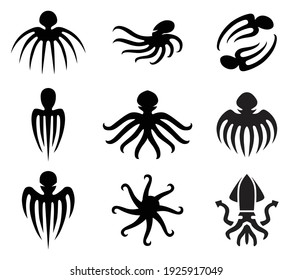 Set of octopuses and squids logo symbols vector drawings