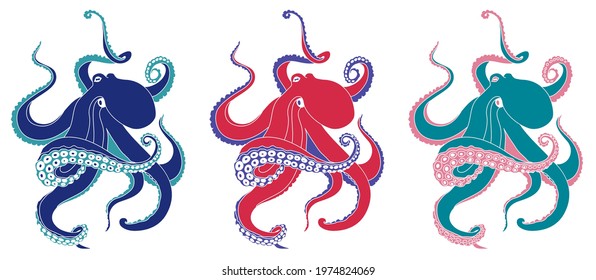 set of octopuses for your design, isolated objects, vector illustration