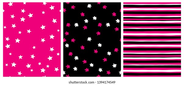 Set od 3 Hand Drawn Geometric Vector Patterns. White Stars on a Pink Background. White and Black Abstract Flowers on a Black. Pink, Black and White Stripped Layout.Vivid Color Irregular Vector Design.