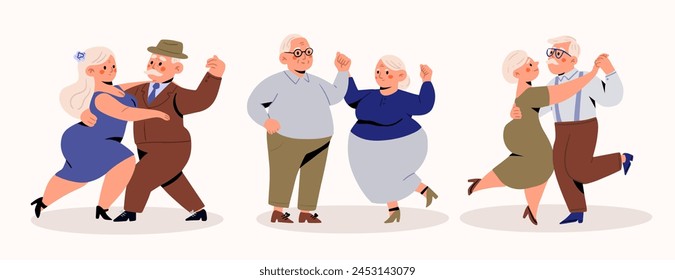 Set od 3 Senior Couples Dance, Elderly People Romantic Loving Relations Concept. Happy Old Men and Women Embracing, Holding Hands while Dancing. Old Characters Dating, Love. Cartoon People Vector