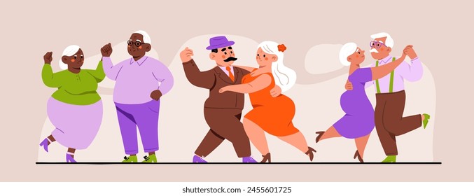 Set od 3 Senior Couples Dance, Elderly People Romantic Loving Relations Concept. Happy Old Men and Women Embracing, Holding Hands while Dancing. Old Characters Dating, Love. Cartoon People Vector
