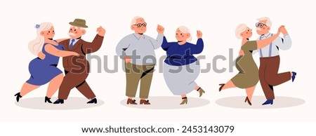 Set od 3 Senior Couples Dance, Elderly People Romantic Loving Relations Concept. Happy Old Men and Women Embracing, Holding Hands while Dancing. Old Characters Dating, Love. Cartoon People Vector